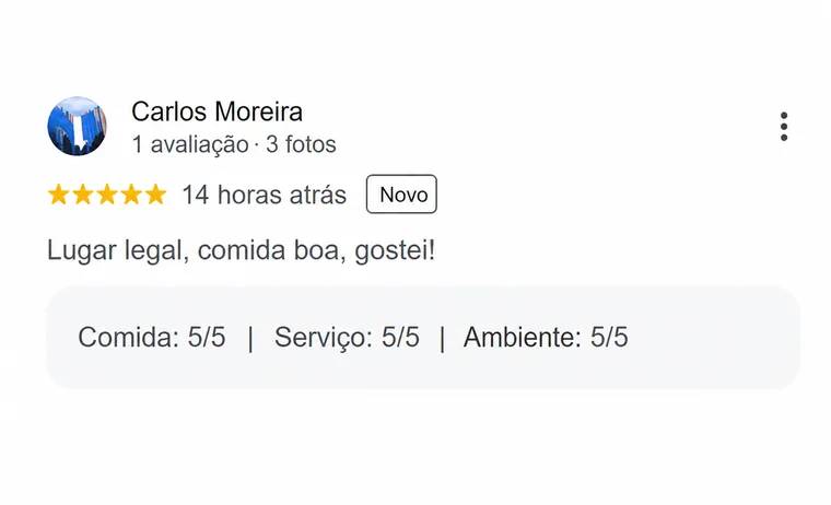 Avaliação real de Carlos Moreira sobre a Pizzaria Recanto Novo